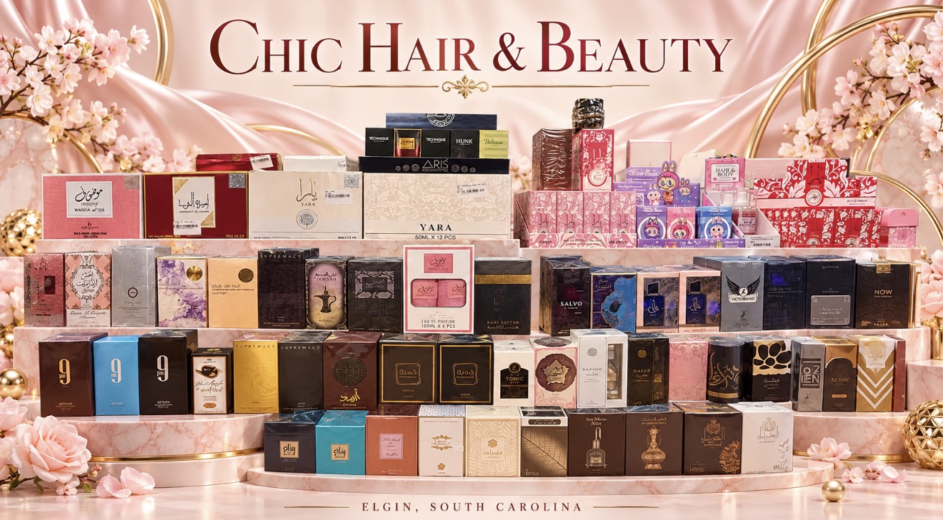 A blush pink display of perfumes and fragrance gift boxes at Chic Hair and Beauty