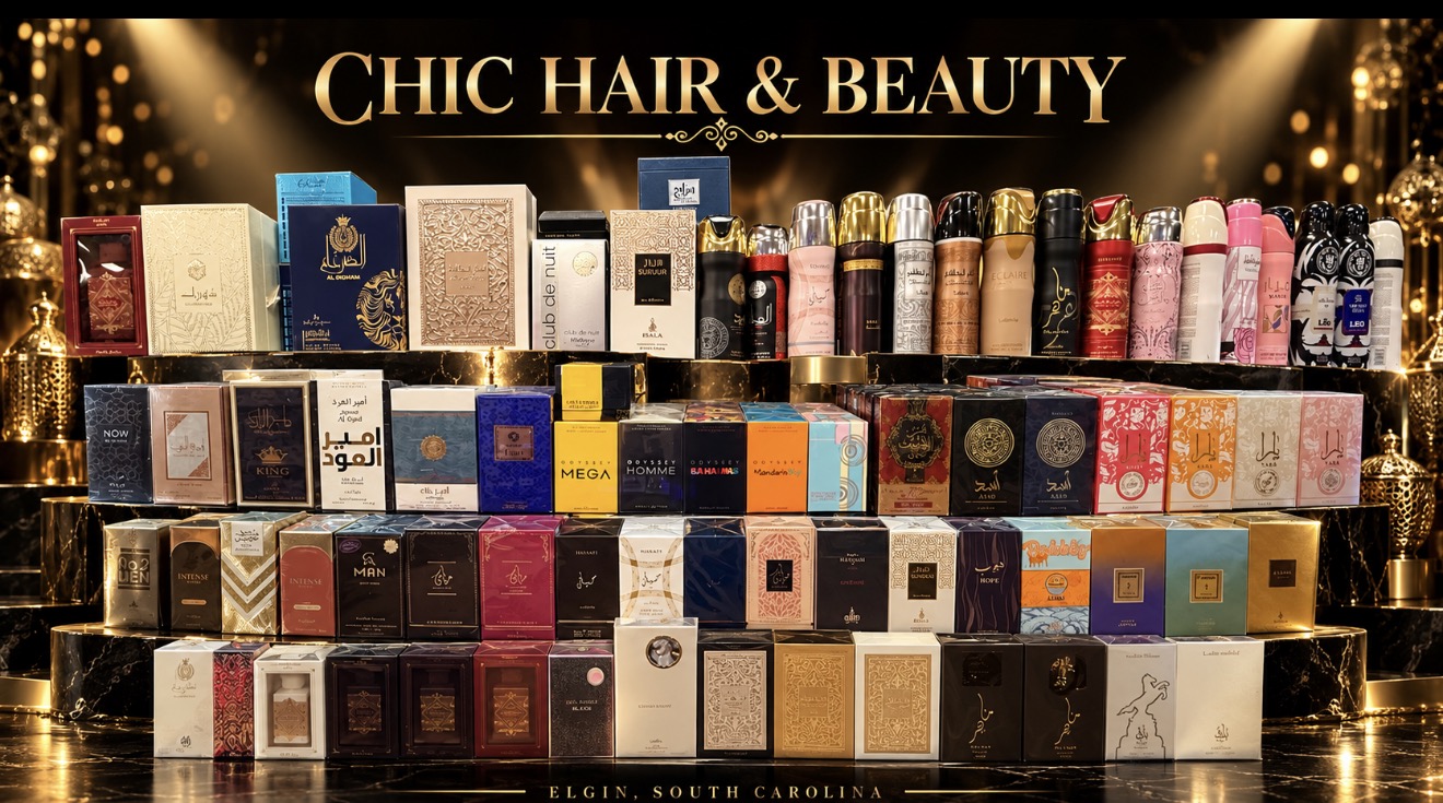 Perfumes and body sprays on a black and gold display at Chic Hair and Beauty