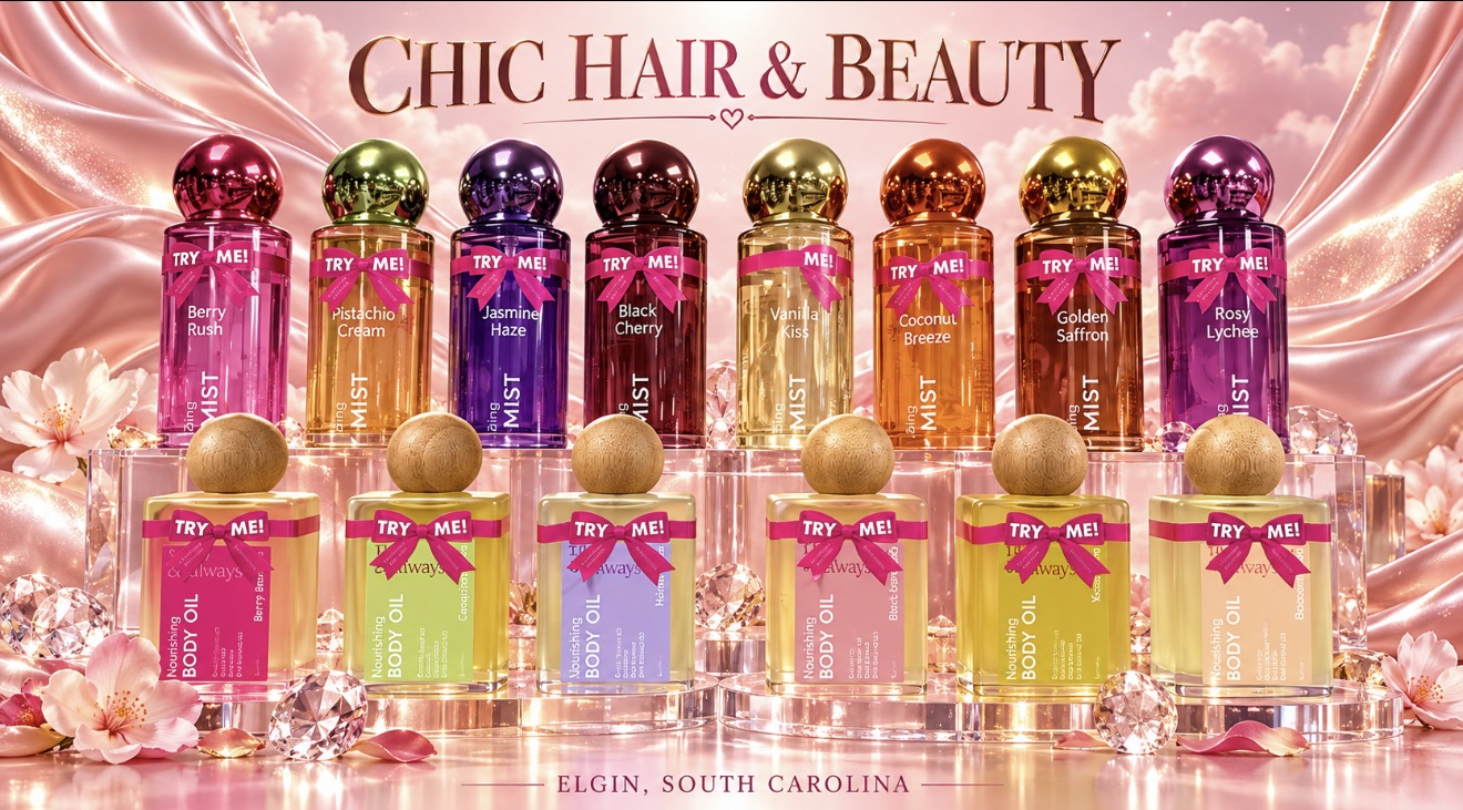 Body mists and nourishing body oils on a pink display at Chic Hair and Beauty